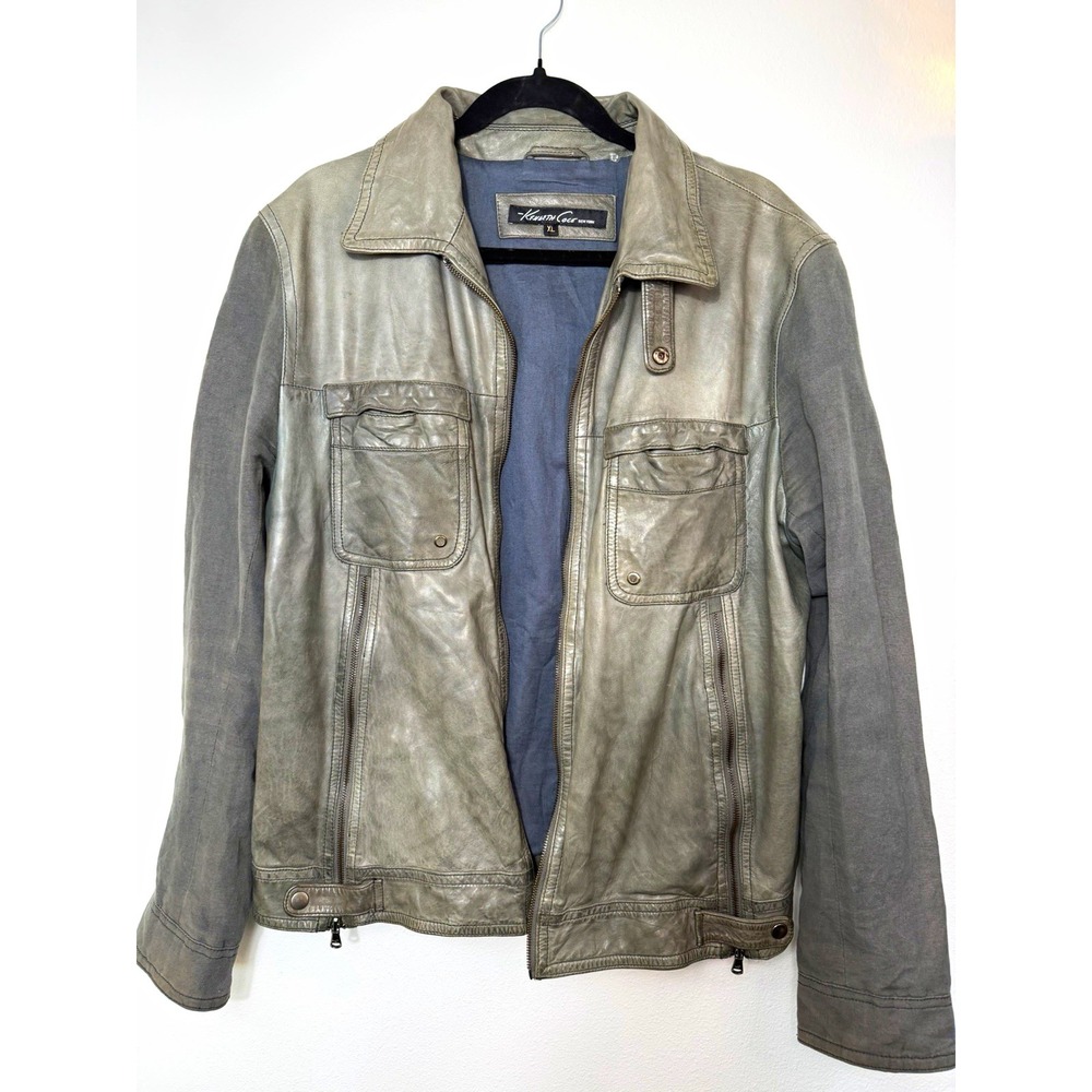 Kenneth Cole New York Men's Gray Leather Jacket XL Full Zip Point Collar Pockets